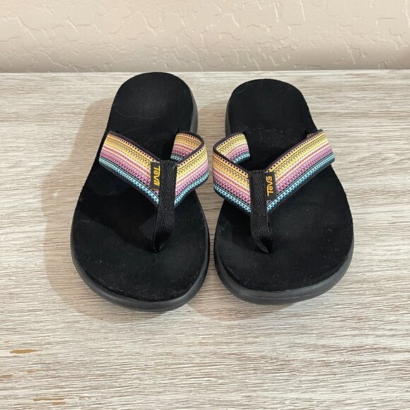 Teva 6 Flip Flop Sandals Voya Antiguous Black Multi Color Straps - Picture 3 of 12